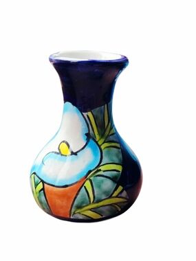 Vintage Mexican Talavera Calla Lily Handpainted Cobalt Blue Vase